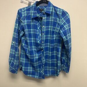 Talbots Women's Button-up Long Sleeve Cotton Shirt Size SP  Blue Green Plaid
